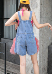 Beautiful Pink Slash Neck Organza Patchwork Tassel Denim Jumpsuit