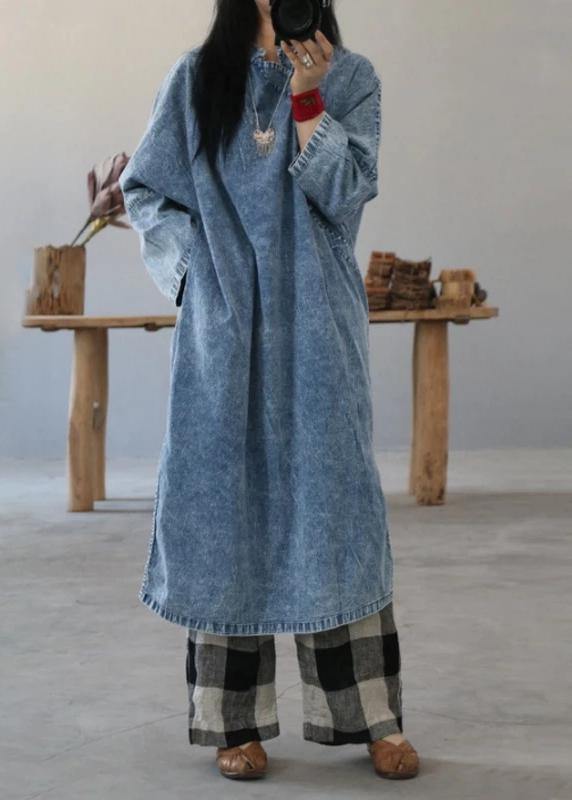 Schönes Baumwollkleid Retro Einfarbig Frosch Denim Blau Lockeres Kleid