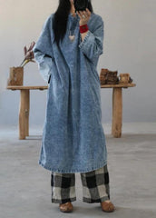 Schönes Baumwollkleid Retro Einfarbig Frosch Denim Blau Lockeres Kleid