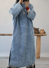 Schönes Baumwollkleid Retro Einfarbig Frosch Denim Blau Lockeres Kleid