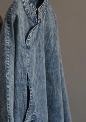 Schönes Baumwollkleid Retro Einfarbig Frosch Denim Blau Lockeres Kleid