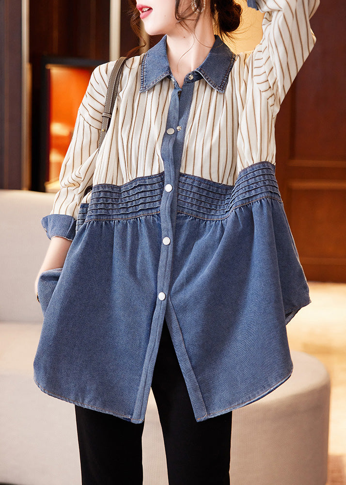 Beige Blue Striped Denim Patchwork Shirts