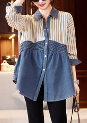 Beige Blue Striped Denim Patchwork Shirts