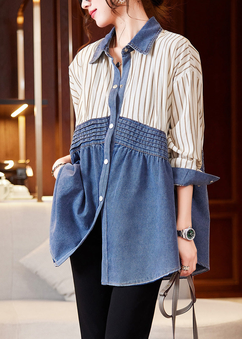 Beige Blue Striped Denim Patchwork Shirts