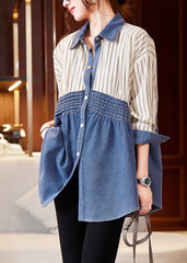 Beige Blue Striped Denim Patchwork Shirts