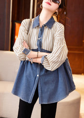 Beige Blue Striped Denim Patchwork Shirts