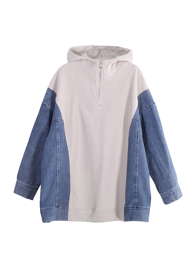 Beige Zippered Patchwork Denim Hooded Top Long Sleeve