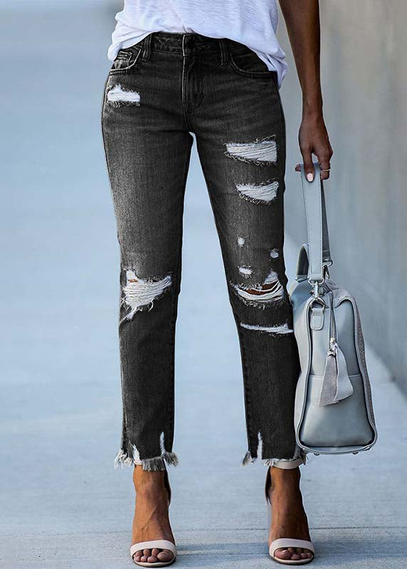 Black Denim Ripped Pants High Waist