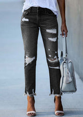 Black Denim Ripped Pants High Waist