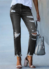 Black Denim Ripped Pants High Waist