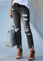 Black Denim Ripped Pants High Waist