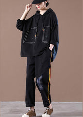 Black Denim StitChing Embroidery Casual Suit