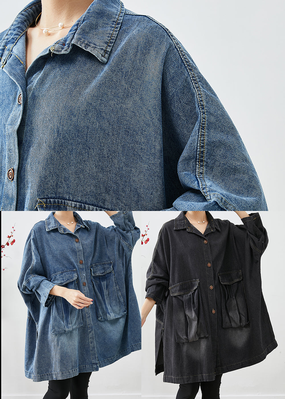 Schwarzer Denim-Trenchcoat mit übergroßen Taschen und Fledermausärmeln