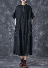 Black Denim Vacation Dresses Stand Collar Pockets