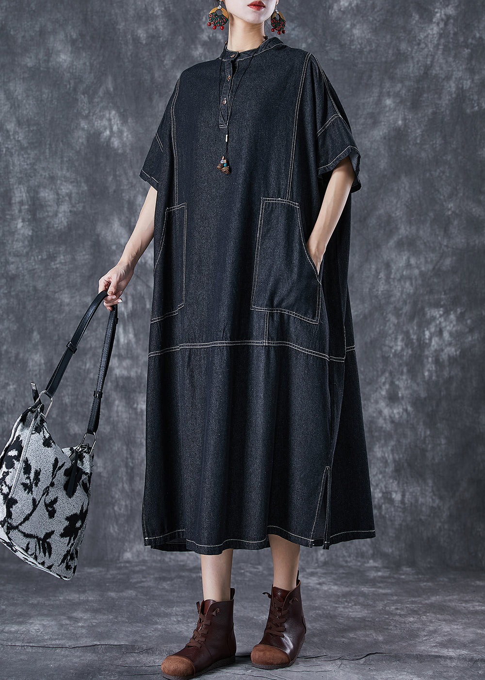 Black Denim Vacation Dresses Stand Collar Pockets