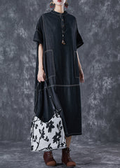 Black Denim Vacation Dresses Stand Collar Pockets