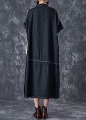 Black Denim Vacation Dresses Stand Collar Pockets