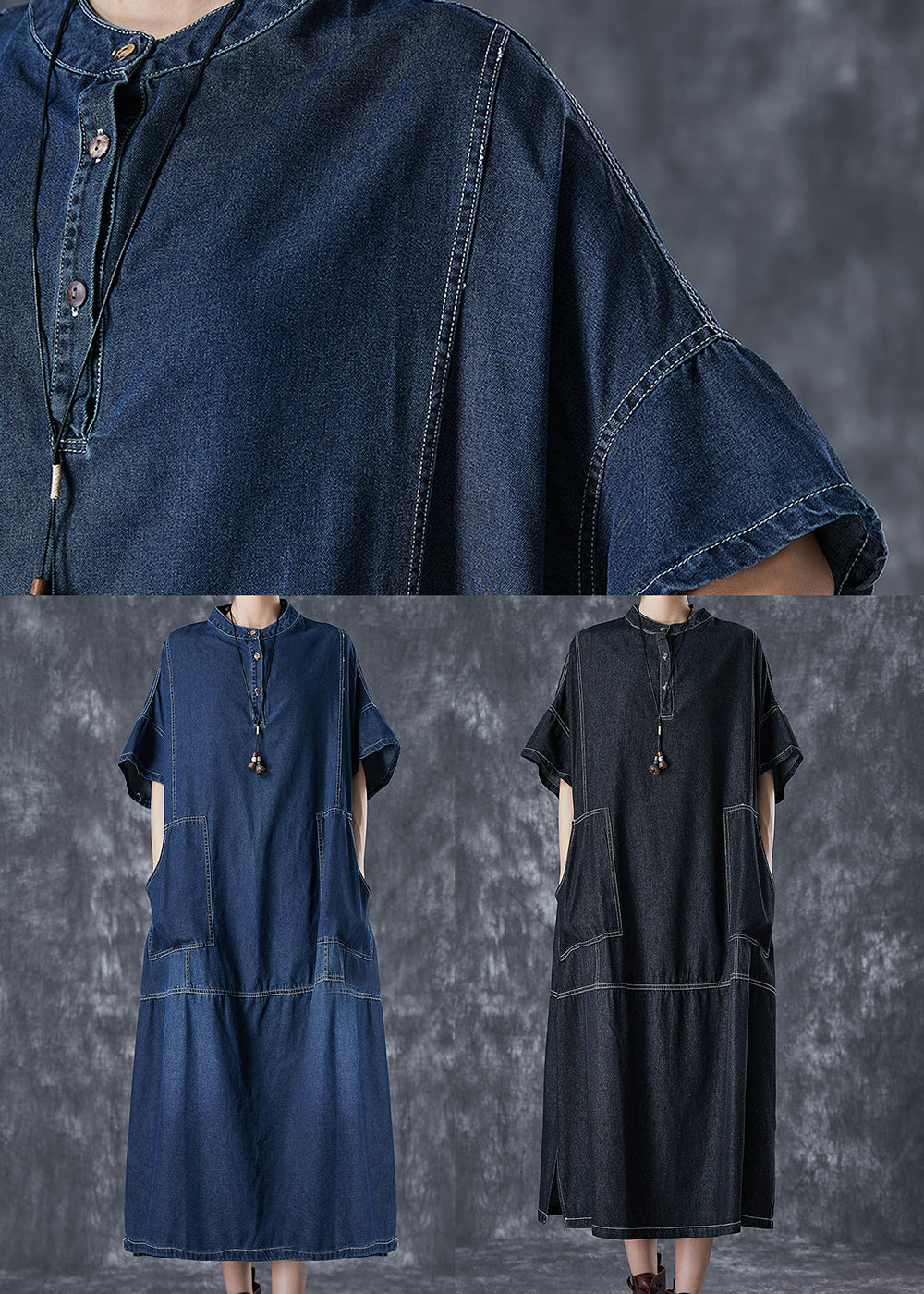 Black Denim Vacation Dresses Stand Collar Pockets