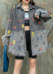 Black Grey Graphic Patchwork Denim Shirts Coat Peter Pan Collar