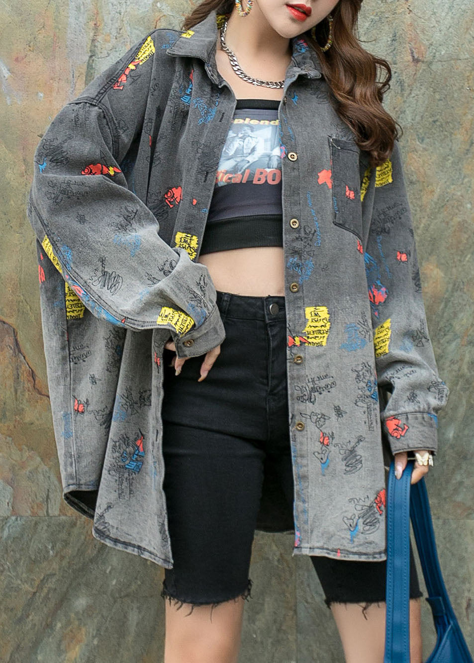 Black Grey Graphic Patchwork Denim Shirts Coat Peter Pan Collar