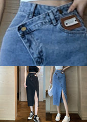 Black High Waist Pockets Button Solid Denim A Line Skirt