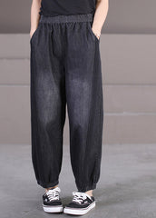 Black Lace Patchwork Elastic Waist Denim Beam Pants Fall