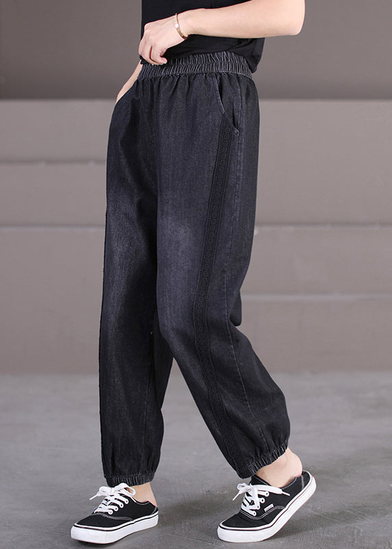 Black Lace Patchwork Elastic Waist Denim Beam Pants Fall