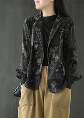 Black Notched Patchwork Button Denim Coats Fall