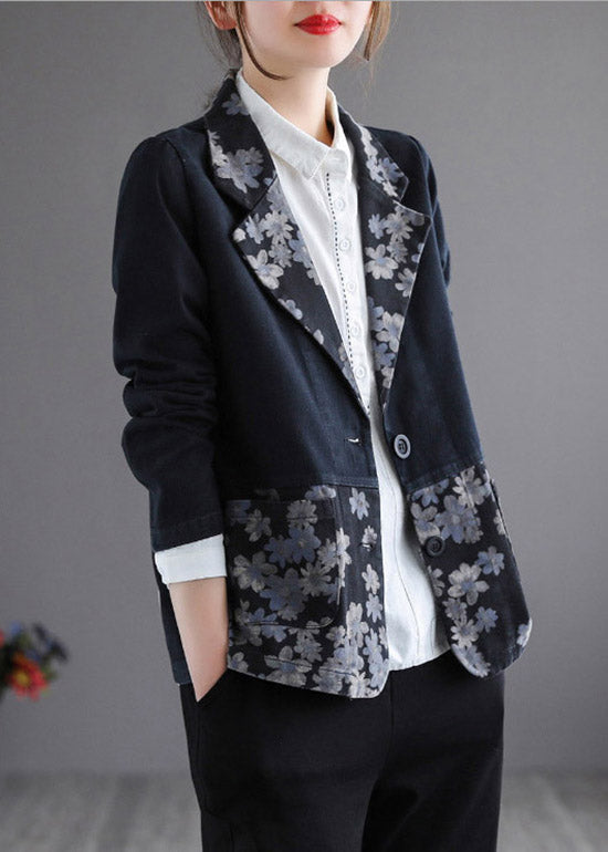 Black Patchwork Button Denim Coat Long Sleeve