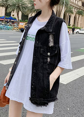 Black Patchwork Button Denim Waistcoat Fall