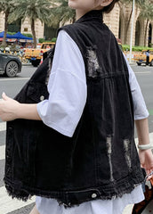 Black Patchwork Button Denim Waistcoat Fall