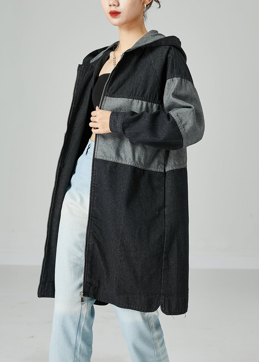 Black Patchwork Cotton Denim Trench Coat Hooded Oversized