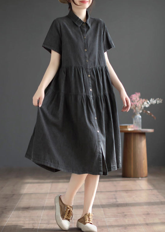 Black Peter Pan Collar Button Silk Denim Maxi Shirt Dresses Short Sleeve