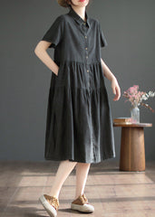 Black Peter Pan Collar Button Silk Denim Maxi Shirt Dresses Short Sleeve