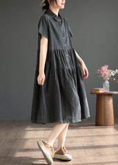 Black Peter Pan Collar Button Silk Denim Maxi Shirt Dresses Short Sleeve