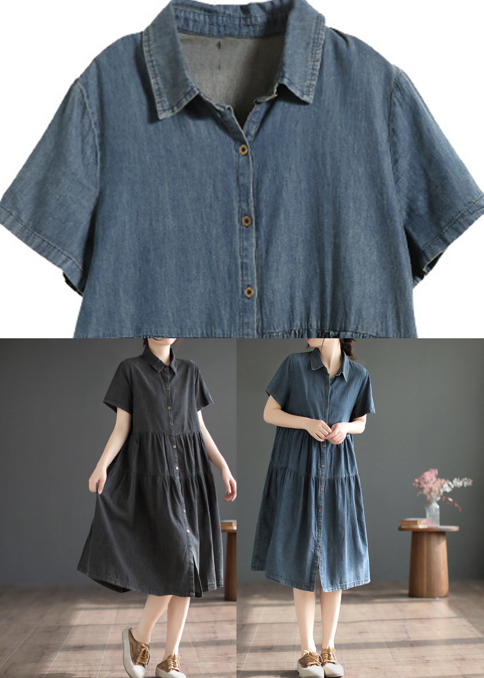 Schwarzes Peter Pan Kragen Knopf Seide Denim Maxi Shirt Kleider Kurzarm