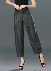 Black Pockets Cotton Denim Harem Pants High Waist Button