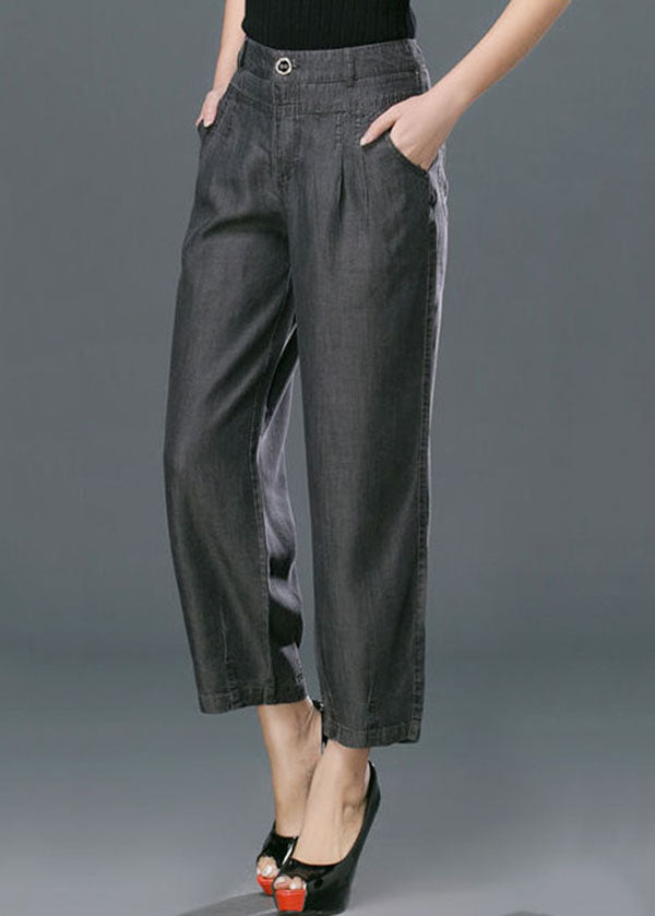 Black Pockets Cotton Denim Harem Pants High Waist Button