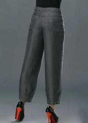 Black Pockets Cotton Denim Harem Pants High Waist Button