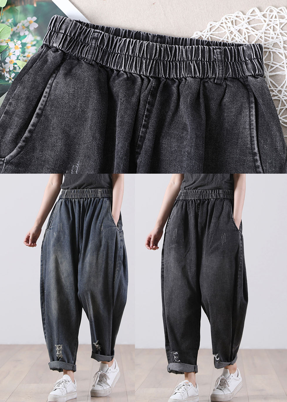 Pantalones harén de mezclilla de algodón con bolsillos negros y cintura alta con agujeros