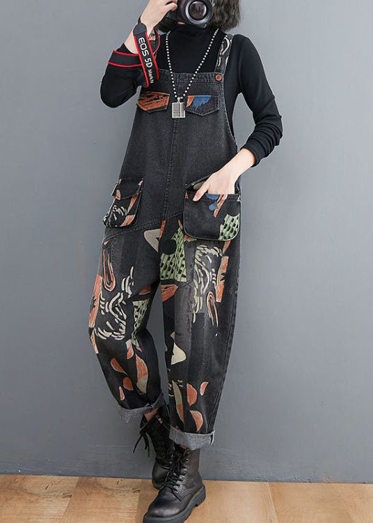 Black Print Patchwork Denim Jumpsuits Pockets