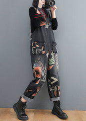 Black Print Patchwork Denim Jumpsuits Pockets