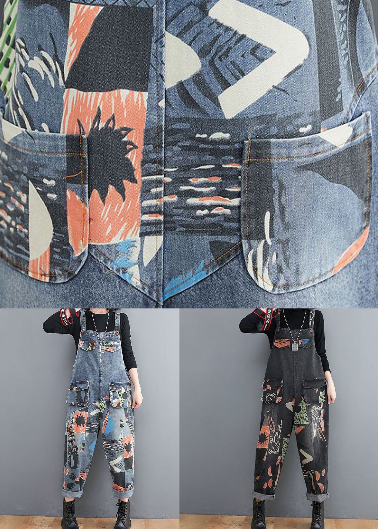 Black Print Patchwork Denim Jumpsuits Pockets