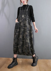 Black Print Patchwork Denim Spaghetti Strap Dress