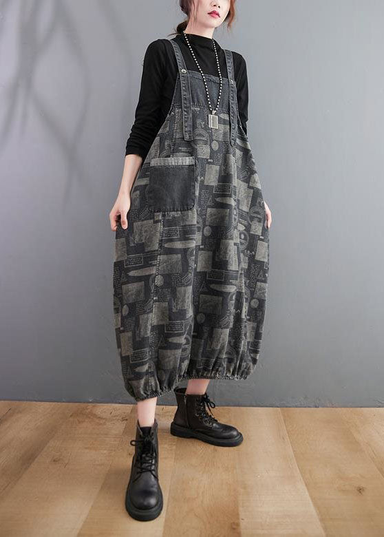 Black Print Patchwork Denim Spaghetti Strap Dress