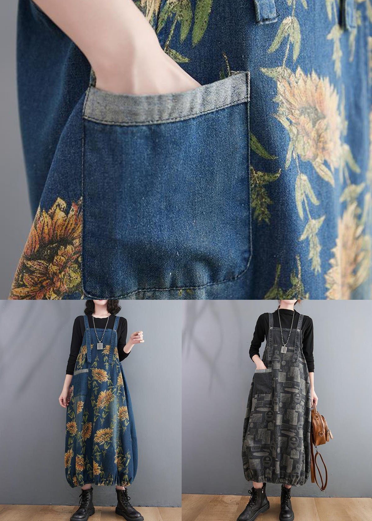 Black Print Patchwork Denim Spaghetti Strap Dress