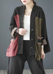 Black V Neck Button Knit Denim Coats Long Sleeve