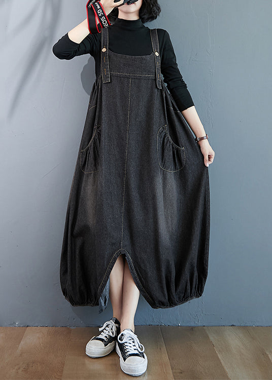 Black Wear On Both Sides Denim Jumpsuit Oversized Pockets