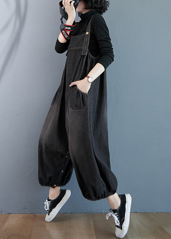 Black Wear On Both Sides Denim Jumpsuit Oversized Pockets