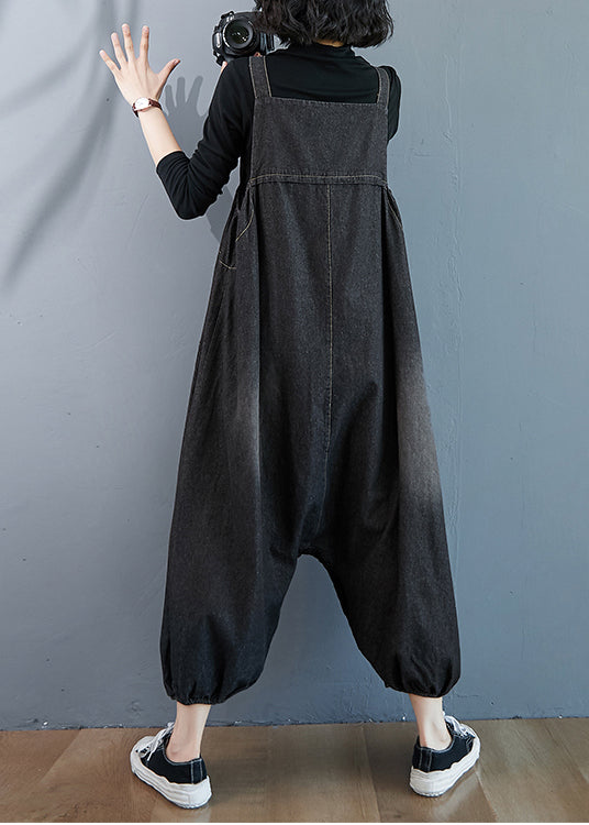 Black Wear On Both Sides Denim Jumpsuit Oversized Pockets